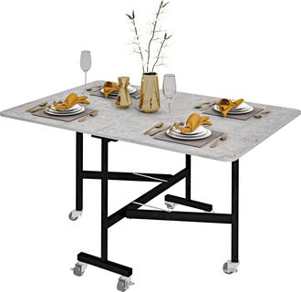 HOMCOM Drop Leaf Table - Folding Dining Table with Metal Frame - Rolling Kitchen Dining Table for Small Spaces - 120cm - Grey | TJ Hughes Light Grey