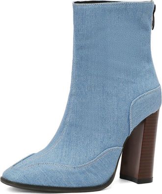 Generic Womens Square Toe Chunky Heel Short Boots Side Zip Faux Lether Booties,Blue Fabrics,7.5 UK