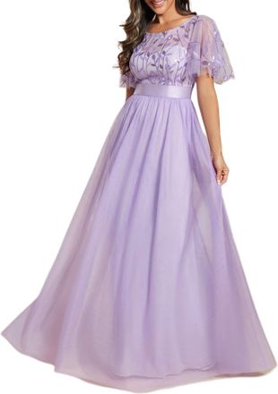 Ever-pretty Womens Short Sleeve Embroidery Empire Waist A Line Floor Length Elegant Long Formal Evening Bridesmaid Dresses Lavender Purple 28UK