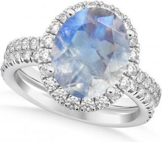 Allurez Moonstone & Diamonds Oval-Cut Halo Bridal Set 14K White Gold (3.58ct)