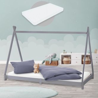 ML Design Ml-design - Cama Infantil Tipi De Madera Maciza De Pino Gris Claro 90x200 Cm Con Colch&oacute;n De Espuma Fr&iacute;a Oeko-tex 100 Somier Armaz&oacute;n De Listones Cuna I
