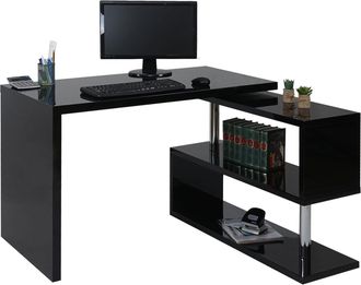 Hhg Hhg - Escritorio Esquinero De Dise&ntilde;o 194, Escritorio De Oficina, Alto Brillo Giratorio 120x60cm, Negro