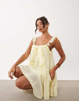 Vero Moda Vestito corto con spalline sottili in chiffon giallo pallido con volant