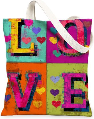 Generic Colorful Hearts Canvas Tote Bag, Artistic Love Pattern Reusable Grocery Bags, Vintage Lightweight Washable Shoulder Strap C, Multicolor, 13x15 Inch