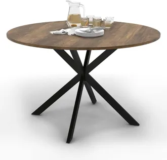 IDMarket Hawkins Mesa De Comedor Redonda Para 6 Personas Con Patas De Ara&ntilde;a Negras Y De Madera Antigua 110 Cm