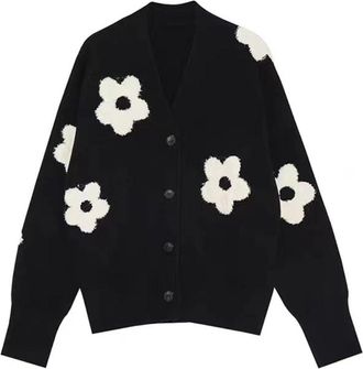 Generic Womens Cardigan V Neck Floral Cardigan for Women Knit Button Down Fall (Black,One Size)