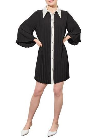 Ming Wang Pleated Mini Shirtdress in Black/White at Nordstrom Rack, Size X-Small