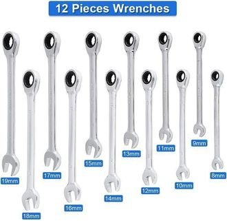 Elle Juego De Llaves Fijas/extendidas Con Trinquete, Llave De Vaso Y Juego De Puntas, Llave Ajustable Con Trinquete De 8 Mm A 19 Mm, 12 Piezas Para Bricola