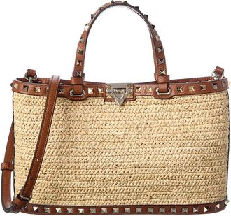 Valentino Rockstud Straw & Leather Tote