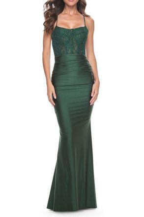 La Femme Ruched Jersey Dress with Illusion Corset Lace Top in Dark Emerald at Nordstrom, Size 12