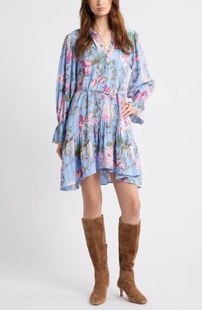 Treasure & Bond Floral Long Sleeve Drop Waist Dress in Blue Garden Floral at Nordstrom, Size Xx-Large