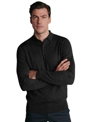 CHARLES TYRWHITT Merino Polo Long Sleeve Sweater in Dark Charcoal at Nordstrom, Size Xxx-Large
