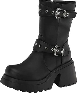 Generic Womens Stylish Mid Calf Boots Round Toe Super High Chunky Heel Platform With Side Zipper For A Modern Look