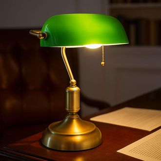 Globo Lighting Lampada Da Tavolo Led Da Scrivania Lampada Banker Lampada Da Tavolo In Ottone Antico Vetro Verde Luce Da Lettura, Paralume Orientabile, Interruttore A