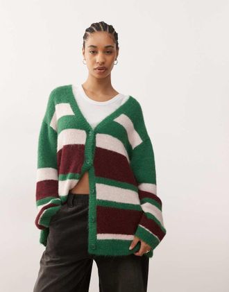 Monki Cardigan oversize a righe verdi e rosa-Verde