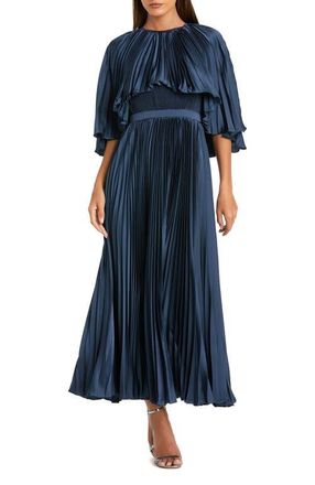 Mac Duggal Pleated Capelet Tea-Length Dress in Midnight at Nordstrom, Size 18