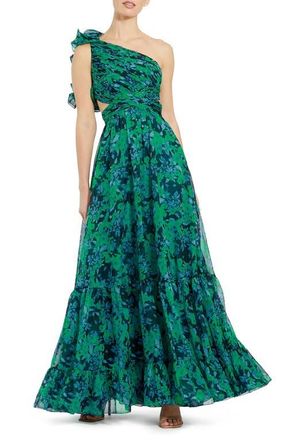 Mac Duggal One Shoulder Ruffle Tiered Cut-Out Floral Chiffon Gown in Green Multi at Nordstrom, Size 2