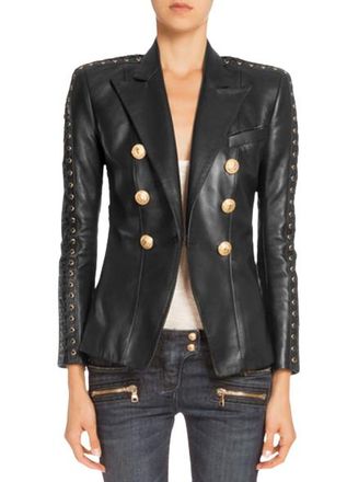 Balmain Black Leather Lace Up Detail Blazer Size M