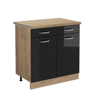 Vicco Mueble Bajo De Cocina R-line, Negro Brillo Intenso, 80 Cm, Et Roble
