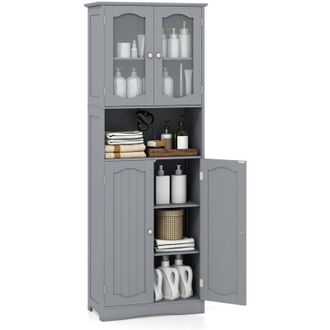 Costway Tall Bathroom Storage Cabinet Tempered Glass Door Pantry Cabinet-Grey