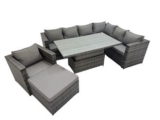 Fimous 8 Seater Rattan Corner Sofa Sets with Chair Big Stools Dark Grey Mixed