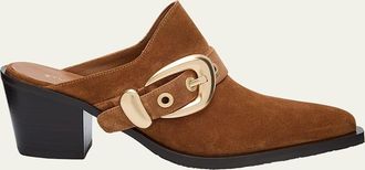 Stuart Weitzman Maven Suede Buckle Western Mules