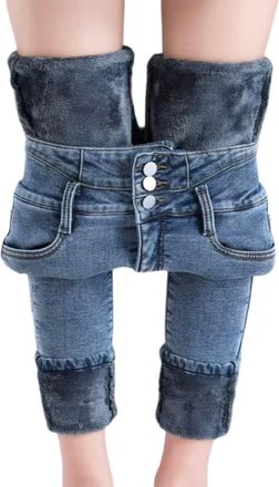Generic Fleece Lined Jeans Women High Waisted Skinny Winter Pants, Tight-Fitting Pencil Jeans with Thick Fleece (UK, Alpha, M, Regular, Regular, Blue)
