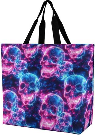 Generic Glowing Neon Skulls Reusable Shopping Bags Large Capacity Grocery Bag Heavy Duty Tote for Women 40x40x16cm
