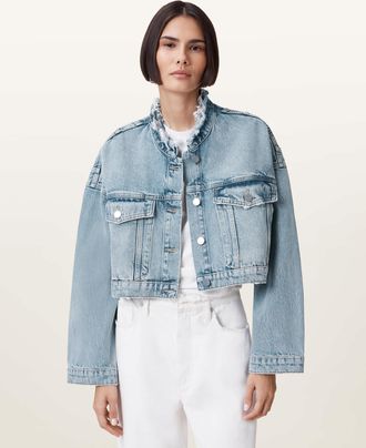 AllSaints Cotton Sonny Cropped Oversized Jacket, Size: UK 14/US 10