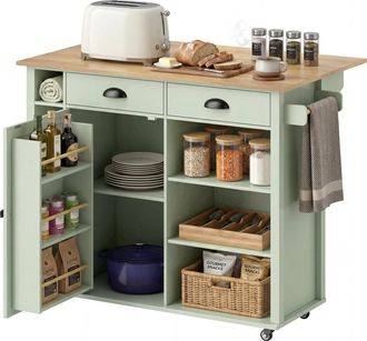 HOMCOM Homcom Isla De Cocina Con Tablero Plegable, Ruedas, Estantes En La Puerta, Toallero, Armario, 2 Cajones, Estantes Abiertos, 117,5x70x91cm, Verde Claro