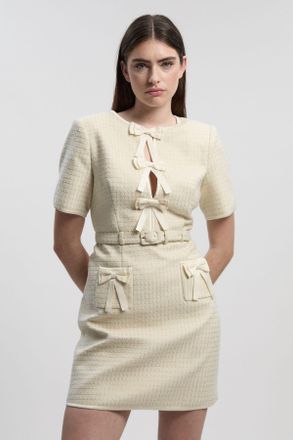 Karen Millen Womens Tailored Tweed Bow Detail Mini Dress - White - Size 16 UK