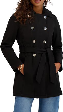 Kensie Hooded Double Breasted Soft Shell Jacket in Black at Nordstrom Rack, Size X-Large
