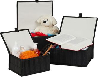 Relaxdays 12 Cestas De Bamb&uacute; Con Tapa E Interior Textil, Cajas De Almacenamiento Para Ba&ntilde;o Y Juguetes, 3 Tama&ntilde;os, Negro