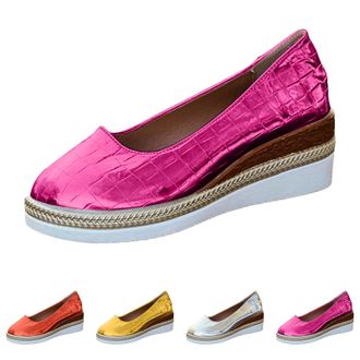 Generic Womens Platform Espadrilles Wedge Shoes Slip On Closed Round Toe Casual Shiny Pumps Dressy Women Chunky Block High Heel Orthopedic Shoes Solid Low Top