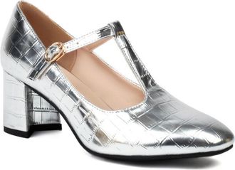 Generic Womens Crocodile Embossed PU Leather T Strap Pumps Adjustable Gold Buckle Square Toe Chunky Block Heel Non Slip Durable Comfortable Dress Shoes,Silver