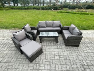 Fimous 8 Seater Outdoor Rattan Garden Furniture Set Patio Lounge Sofa Set with Rectangular Coffee Table Big Footstool Dark Grey Mixed