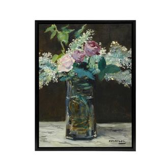 Artery8 Vase of White Lilacs & Roses Manet Black Framed Canvas Wall Art | Size: W24 x H32