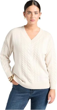 Elena Miro Aran kabeltrui met V-hals - Dames - Truien - Beige - Maat: XS Wol