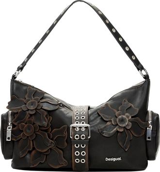 Desigual Medium Floral Appliqu&eacute; Faux Leather Shoulder Bag in Dark Brown at Nordstrom