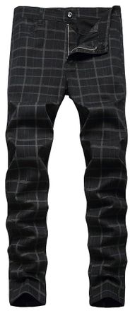 Feoya Mens Business Tartan Tweed Trousers Slim Fit Plaid Chino Pants Stretchy Dress Pants A-Black 32