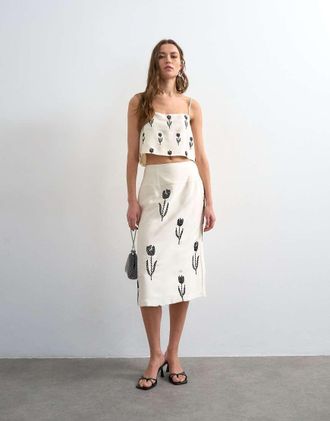 Topshop Gonna midi in raso color panna con ricamo-Bianco