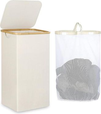 OEM Cesto De Ropa Ultradelgado Con Tapa Para Ahorrar Espacio, Forro De Malla Extra&iacute;ble, Tejido Oxford, Asa De Bamb&uacute;, Plegable, 40,5 X 33 X 75 Cm, Blanco C