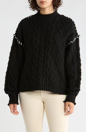 Bobeau Mock Neck Cable Knit Sweater in Black/Ivory at Nordstrom Rack, Size X-Large