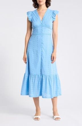 Ellen Tracy Embroidered Eyelet Cap Sleeve Cotton Poplin Midi Dress in Sky Blue at Nordstrom Rack, Size X-Large