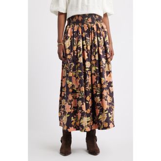 Treasure & Bond Floral Smocked Waist Cotton Maxi Skirt in Burgundy- Pink Jordan Floral at Nordstrom Rack, Size X-Large