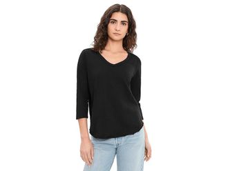 Mod-o-doc 3/4 Sleeve V-Neck T-Shirts with Curved Hem Womens Clothing Black 6 : LG (US 12-14), Cotton