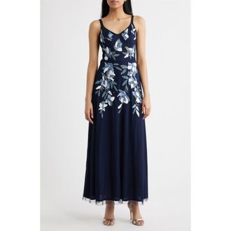 Pisarro Nights Embroidered Beaded Sequin Sleeveless Gown in Navy at Nordstrom, Size 18