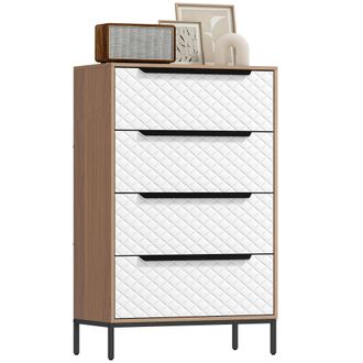 OEM C&oacute;moda Con 4 Cajones De Tela Frentes Con Patr&oacute;n De Diamante Para Sal&oacute;n Oficina Vestidor Natural Y Blanco