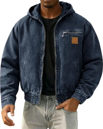 Generic Mens Hooded Denim Jacket Retro Casual Zip-Up Coat Relaxed Fit Streetwear Casual Lightweight Outerwear With Pocket Autumn Winter XXL