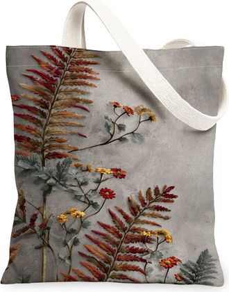 Generic Autumn Floral Canvas Tote Bags, Vintage Botanical Design Reusable Grocery Bags, Lightweight Washable Shoulder Strap Canvas, Gray, 13x15 Inch